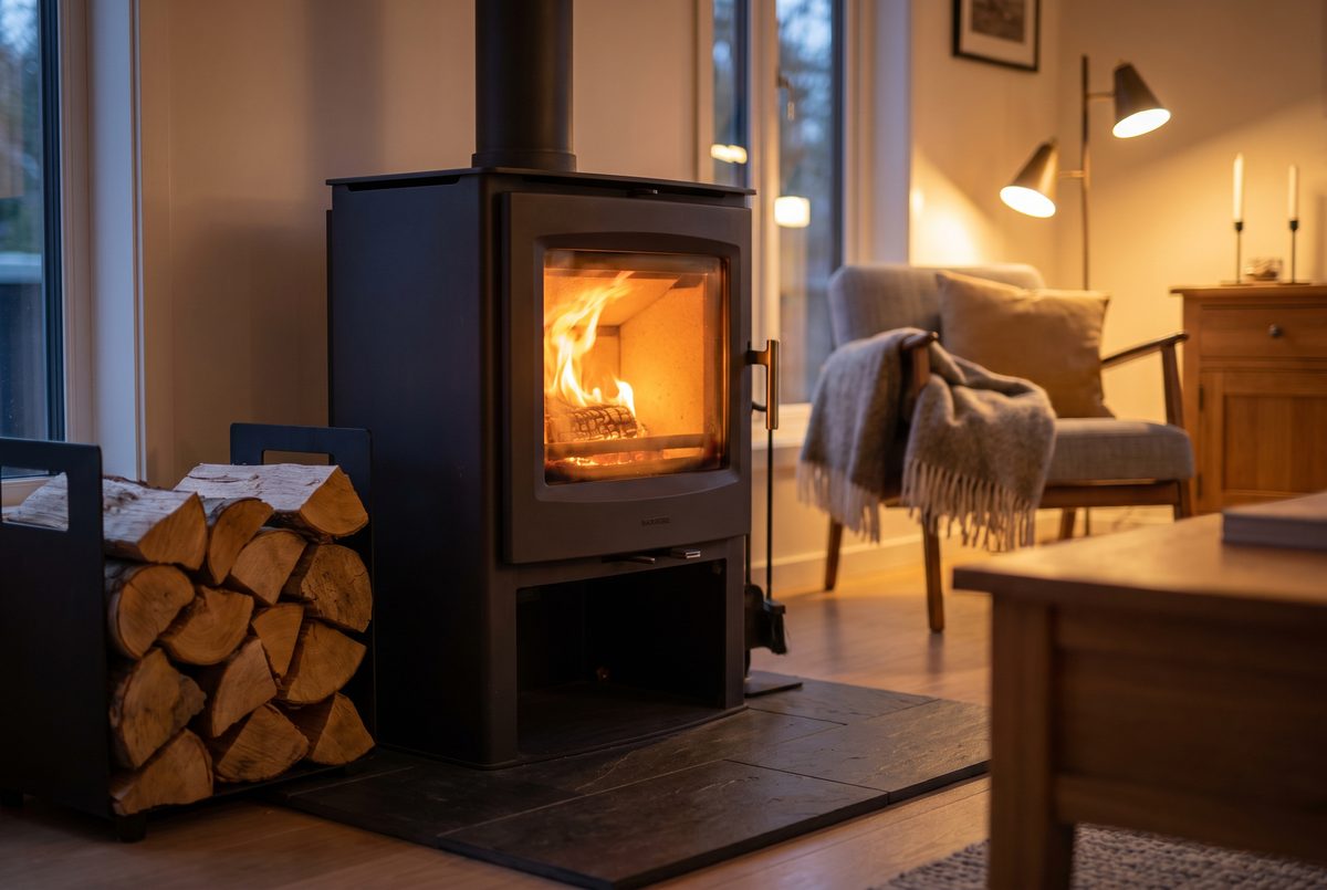 Slow-combustion stove glowing amber through its door