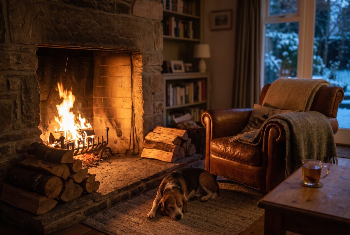 Crackling open wood fireplace in a Cape Town lounge