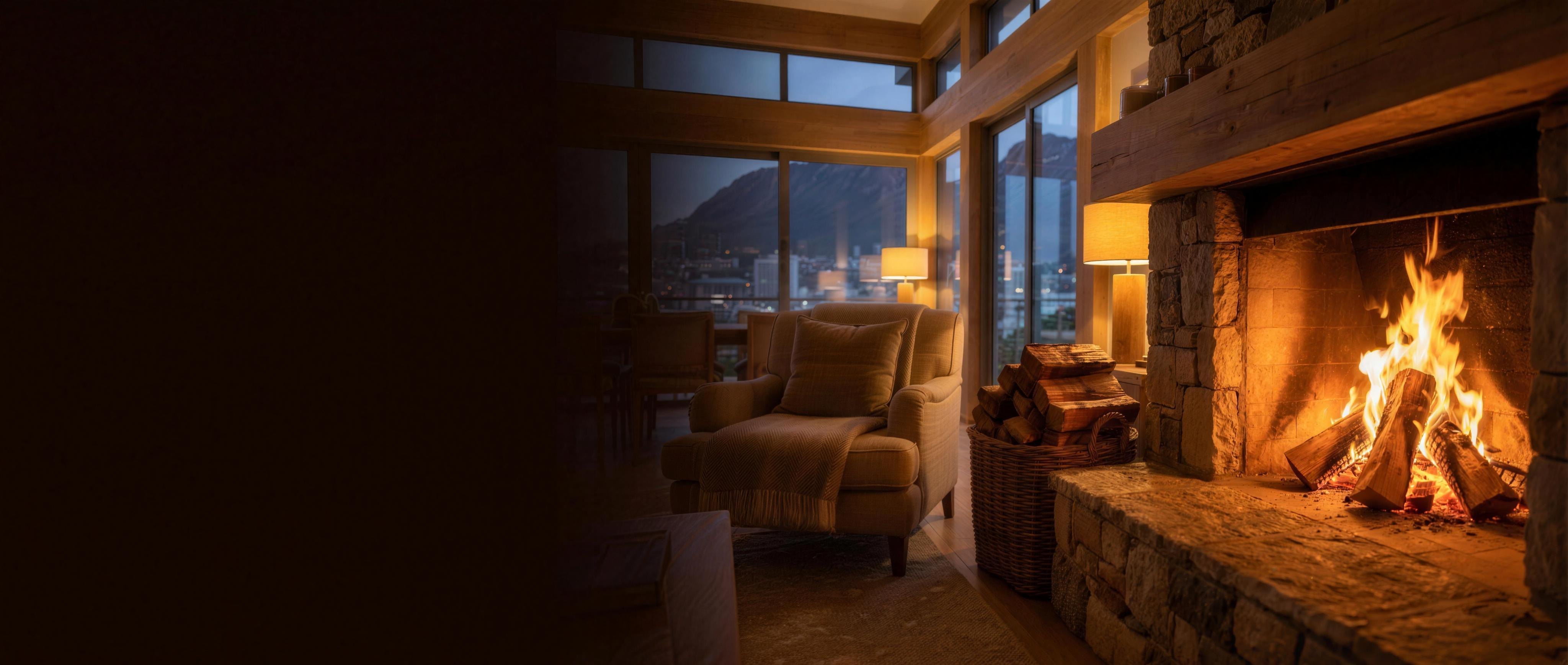 Cosy Cape Town living room with a roaring fireplace and freshly delivered firewood stacked beside it