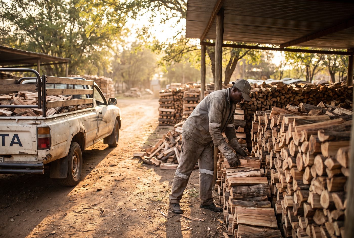 A Cape Town firewood supplier loading split hardwood beside his bakkie
