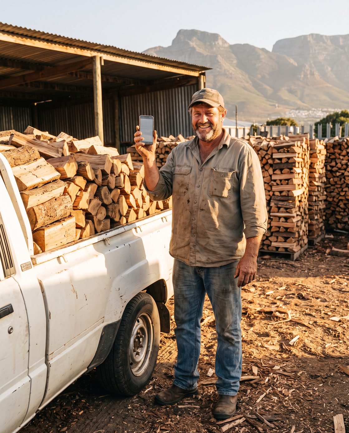 Cape Town firewood supplier holding his phone beside a bakkie loaded with split hardwood