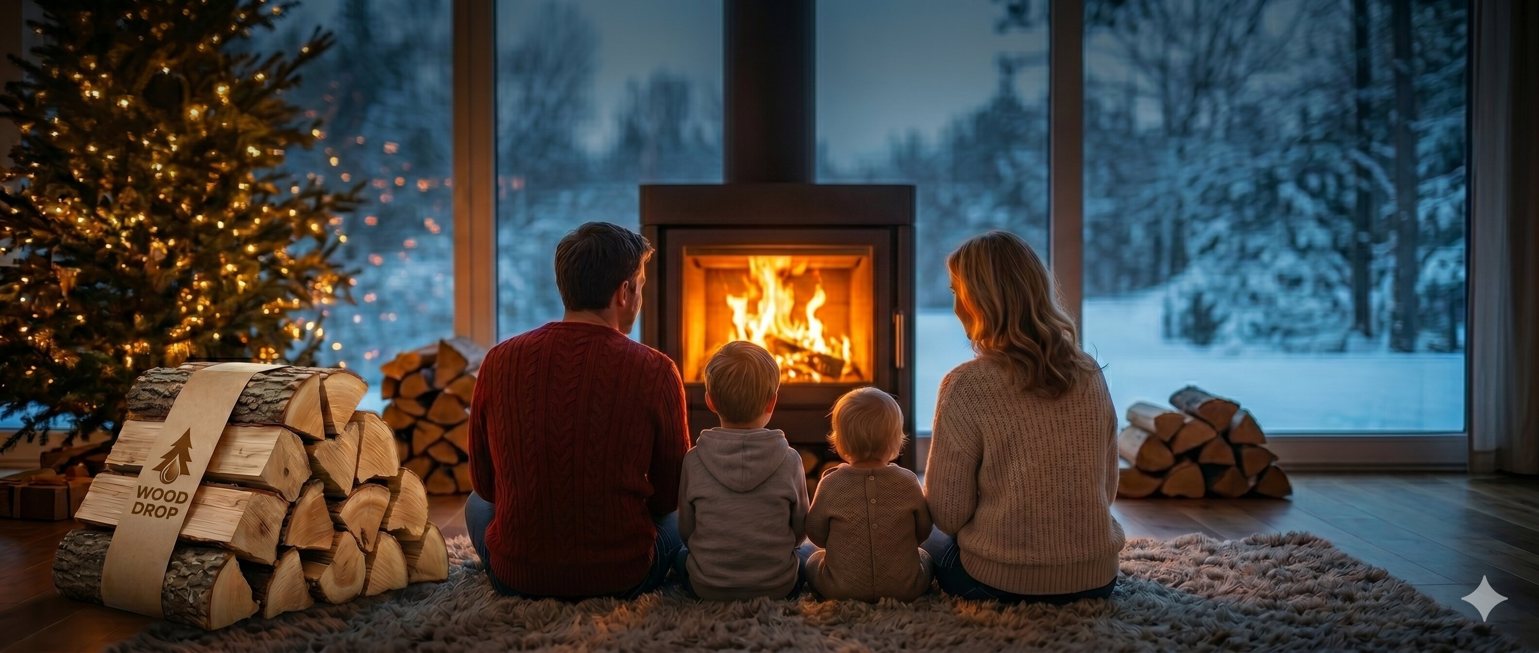 Cape Town family warming by a wood fireplace in winter — firewood delivered by WoodDrop