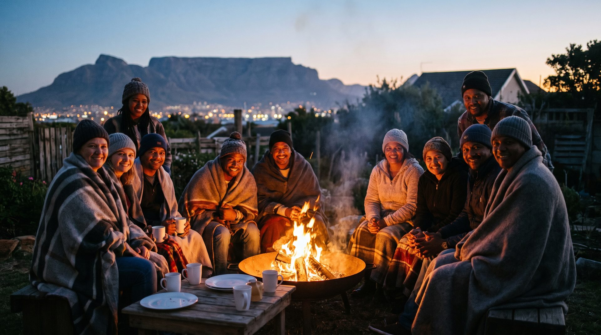 Friends gathered around a fire at dusk, Cape Town winter